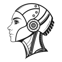 Illustration of a female cyborg head with mechanical details, the design features a blend of human and technological elements