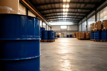 Obraz premium A spacious warehouse interior is filled with blue and brown barrels neatly arranged on pallets. The scene emphasizes organization and storage capacity in an industrial setting.