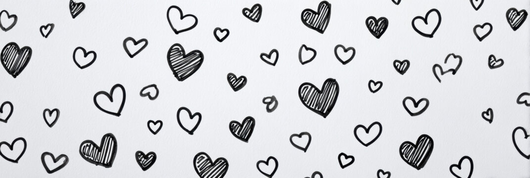 Charming hand drawn love heart doodle sketch in black and white. This drawing on paper background creates romantic pattern, evoking sweet and affectionate feeling