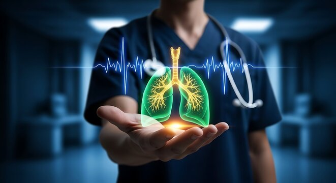 A medical professional presents holographic lungs with a heartbeat line in a hospital setting.