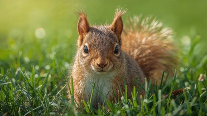 Fototapeta premium Portrait of the squirrel in spring, closeup of nature, grass, green, animals, cute, red, eyes, mammal
