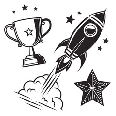 Illustration depicting business success with a trophy, a rocket launching into space, and a star, the image represents achievement