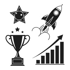 Illustration depicting business success with a trophy, a rocket launching into space, a star, and a rising bar graph, it represents achievement