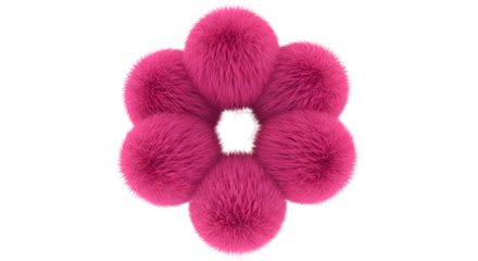 Six fluffy pink pom poms arranged in a flower shape isolated on transparent background