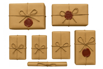 Mail parcels and gifts wrapped in brown paper with string and wax seals, isolated on transparent background