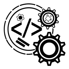 This captivating illustration showcases the essence of software development, featuring gears, code symbols, and a circular frame, , symbolizing innovation