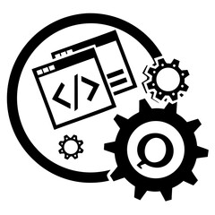 This captivating illustration showcases the essence of software development, featuring gears, code symbols, and a circular frame, , symbolizing innovation
