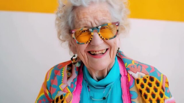 An elderly woman wearing bright glasses and colourful clothes smiles against a yellow wall. Suitable for articles about active longevity, positive attitudes towards life, advertising clothing for the 