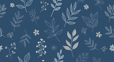 Seamless pattern of delicate white leaf and flower illustrations on a deep blue background.