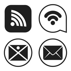 This vector graphic features a collection of communication icons, including rss feed symbols and email envelopes, all rendered in a clean, minimalist style