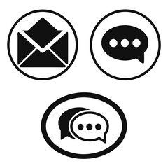 This vector art showcases a series of communication icons, including an open email envelope and speech bubbles, rendered in a clean, minimalist style