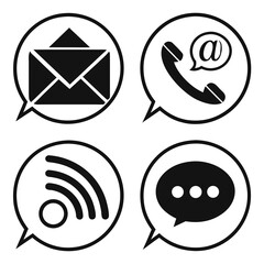 This vector image features a collection of communication icons within speech bubbles, including email, phone, rss, and chat symbols