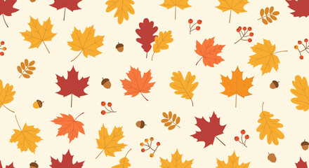 Seamless pattern of autumn leaves, acorns and berries on a cream background.