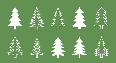 Fototapeta premium Collection of white Christmas trees of various styles on a green background.