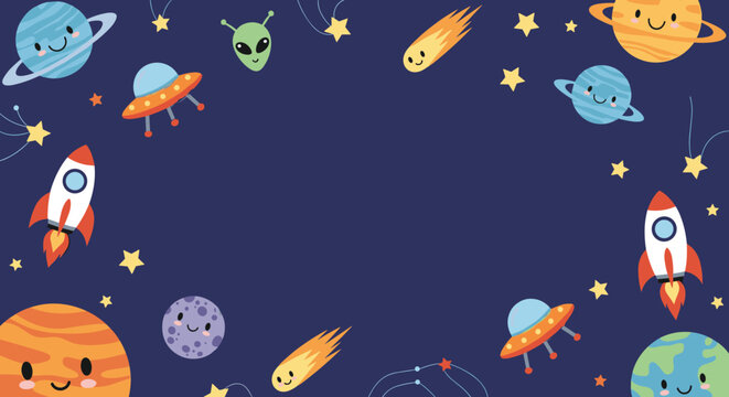 Cute cartoon space elements including planets, rockets, aliens, and flying saucers against a dark blue background.