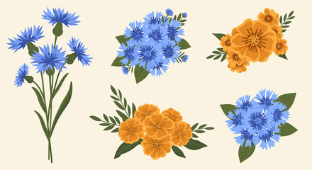Collection of delicate blue cornflowers and vibrant orange flowers with green leaves on a cream background.