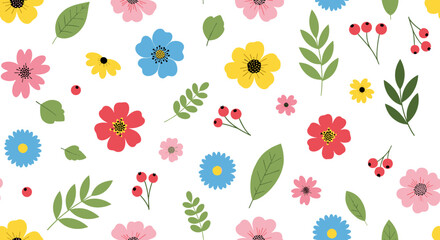 A vibrant and cheerful pattern of colorful flowers, leaves, and berries on a white background.