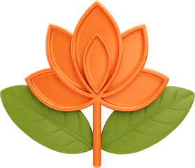 Vibrant Orange Stylized Lotus Flower Icon with Glossy Green Leaves 3D Rendering