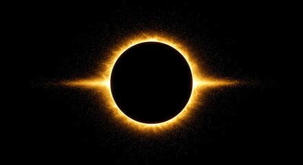 A symmetrical solar eclipse with a brilliant glowing corona and scattered sparkling particles