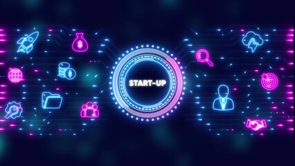 Startup Concept with Neon Icons and Circuit Board Background business launch new venture