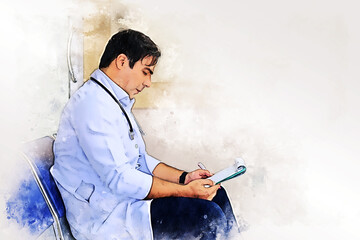 Abstract colorful happiness young doctor man at hospital on watercolor illustration painting background.