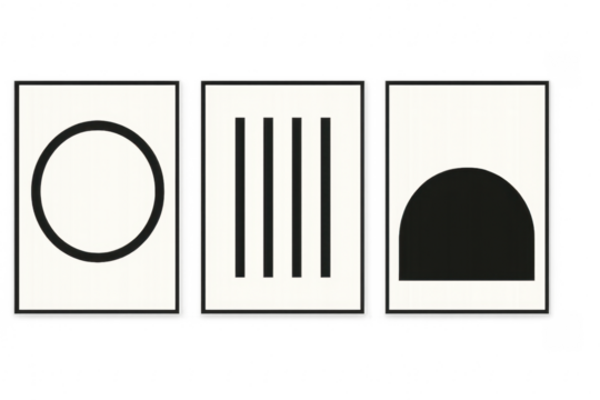 Abstract geometric monochrome triptych on transparent background