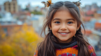 Portrait of indigenous female child smiling on camera with city in background during fall season - Native south american girl outdoor - Model by AI generative