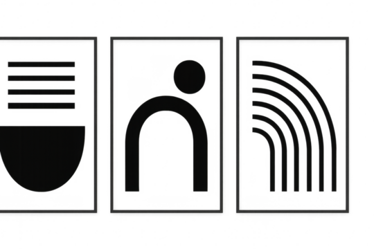 Abstract minimalist geometric black triptych designs on transparent background