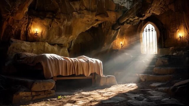 A mysterious cave with an ancient stone sarcophagus and light coming through an archway at the end. Used to illustrate mystical stories, archaeological discoveries, legends and materials about ancient
