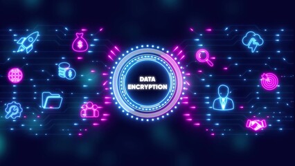 Data Encryption Technology Network with Neon Icons and Circuit Board Pattern image photo