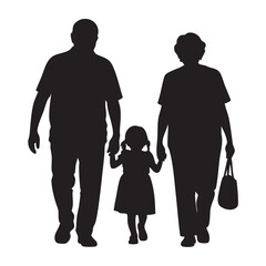 Silhouettes of a grandfather grandmother and granddaughter walking together holding hands