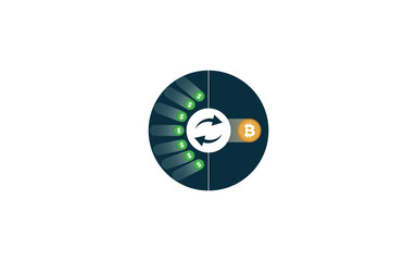 Flat vector illustration showing dollar to bitcoin exchange concept with circular arrows. Symbol of cryptocurrency conversion, digital finance, and blockchain transaction. High quality picture