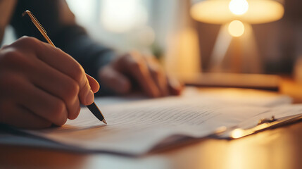 Close-up of a person's hand signing or writing a document with a pen under warm light, highlighting the act of signing, creating, or completing paperwork. The focus is on precision and detail.