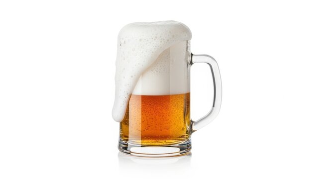 Refreshing beer in a glass mug with overflowing foam