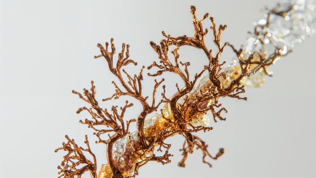 Microscope image of copper ore showing vibrant hues, featuring copper sulfide (chalcopyrite) with chemical formula CuS (CuFeS2).