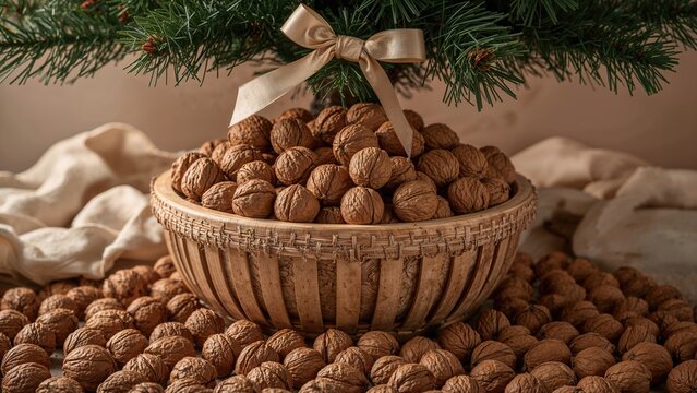 Round wooden basket with walnuts as a gift under the tree for the new year