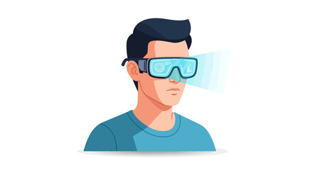 Man wearing virtual reality goggles projecting a futuristic interface, exploring immersive digital worlds