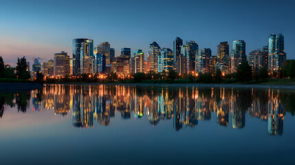 Obraz premium City skyline reflecting in a calm river at dusk
