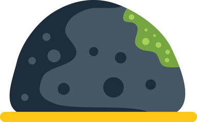 Dark gray meteorite with green mold partially covering it, resting on a simple yellow surface