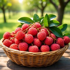 Basket of ripe lychees in orchard under sunlight