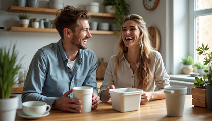Couple laughing sitting together at table, enjoying conversation and beverages in cozy domestic setting. Laughing couple shares intimate moment, smiles reflecting happiness, creating pleasant mood.