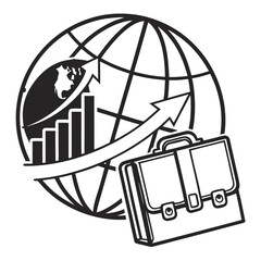 Global business growth concept with rising bar chart arrows and briefcase symbolizing international trade and financial success