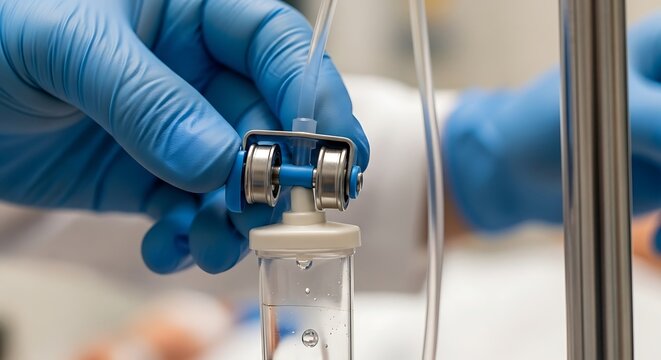 Medical Professional Adjusting Iv Drip in Hospital Setting with Blue Gloves