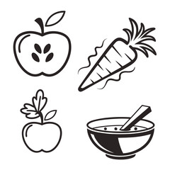 Simple black and white line art icons of a halved apple a whole apple with leaves a carrot and a bowl of soup with a spoon