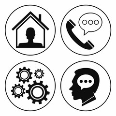 Four black and white circular icons representing home communication teamwork and thinking with speech bubbles