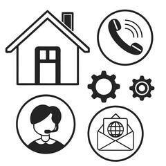 Collection of service icons including a house telephone gears customer support and email with globe for communication and business concepts