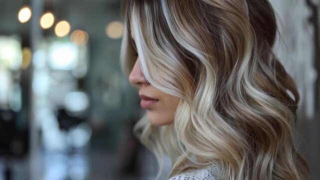 Blonde curls and stylish styling in a beauty salon. Ideal for advertising beauty salons, blogs about style and hair care, articles about modern trends in hairdressing.
