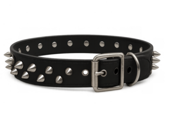 Black leather collar for pet or fashion with metal silver studs and spikes, isolated on transparent background