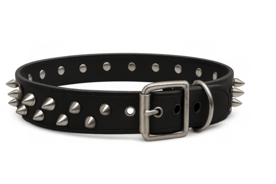 Black leather collar for pet or fashion with metal silver studs and spikes, isolated on transparent background