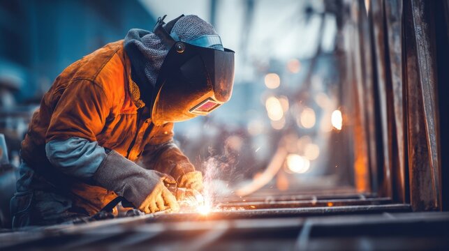 A welder focused on creating bright sparks while working at a metal structure as evening settles.